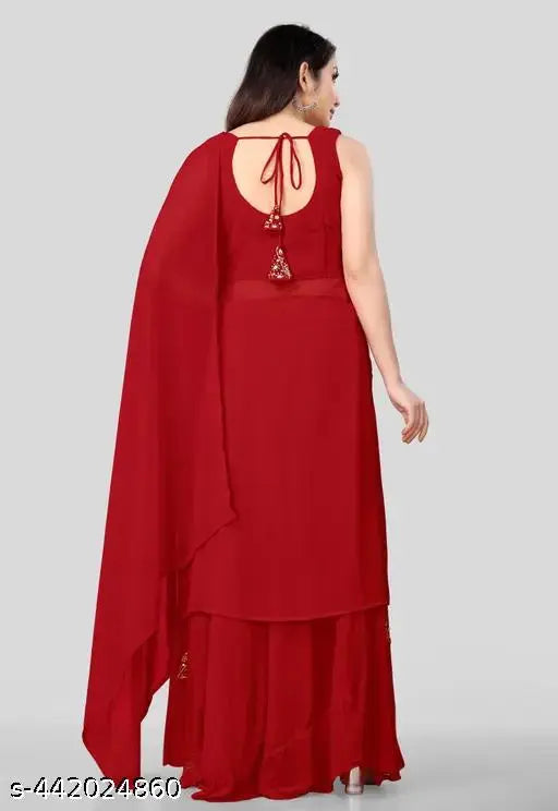 Sleeveless embroidered georgette kurta set with cotton blend palazzos and dupatta, traditional Indian summer wedding party wear