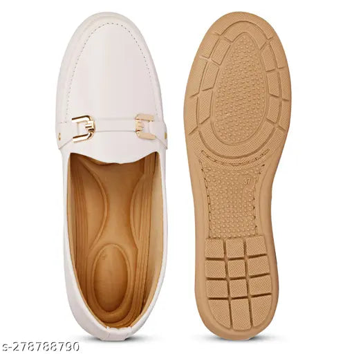 Detailed white synthetic ballerinas with golden buckle and slip-on design, ideal for women & girls. Made in India
