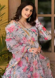 Stylish Georgette printed gown with dupatta set, floral digital print with pearl border for women's party and festival wear. Hand wash only