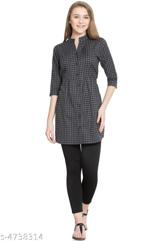 Grey checked rayon women's top: Three-quarter sleeves, V-neck, cotton blend, mandarin collar