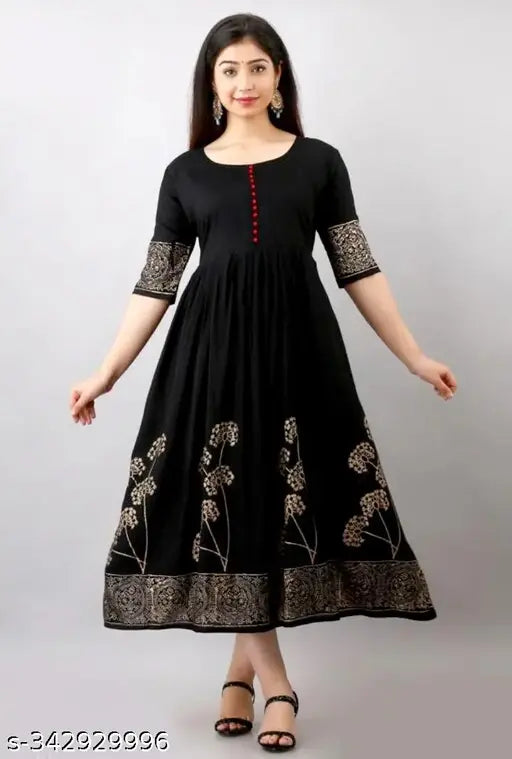 Black Rayon Traditional Flower Printed Anarkali Kurta - Elegant festive wear for women and girls