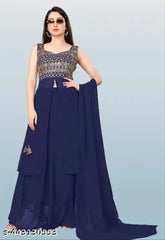 Sleeveless MELLOWMESH embroidered Georgette kurta set with palazzos and dupatta, Indian party wear for summer weddings