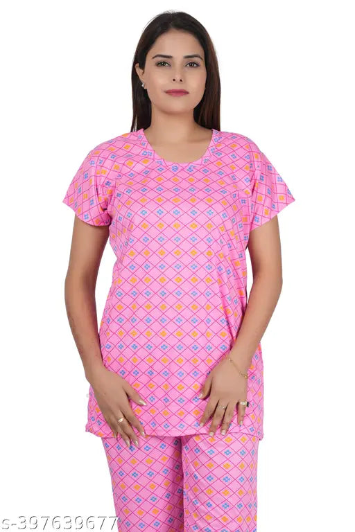 RADHIKA Women's cotton hosiery nightsuit top & pyjama set with pocket, printed net design in casual size, soft & fine quality Hosiery Cotton made, India origin