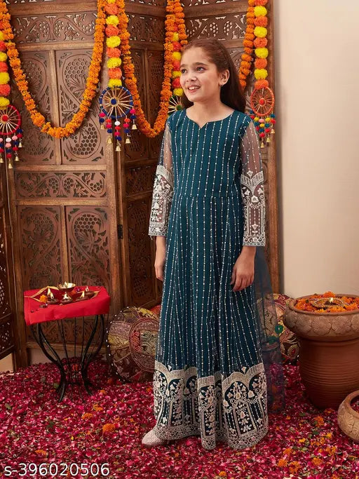 Teal embroidered maxi dress for girls, polyester with long sleeves and intricate patterns, suitable for ages 8-16 years