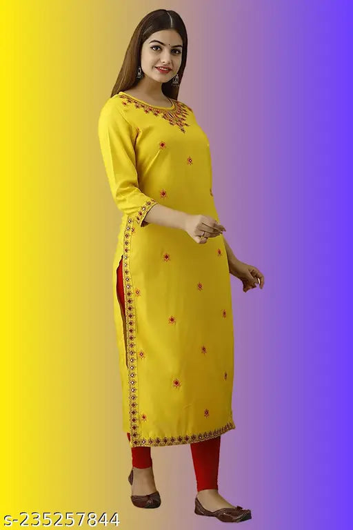 Yellow rayon embroidered kurta with three-quarter sleeves, solid color, India origin