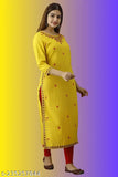 Yellow rayon embroidered kurta with three-quarter sleeves, solid color, India origin