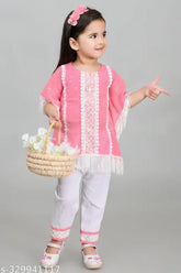 Cotton girls kaftan & palazzo set, A-line style. Indian fashion for 18-24 months kids, self-designed chiffon kurta set
