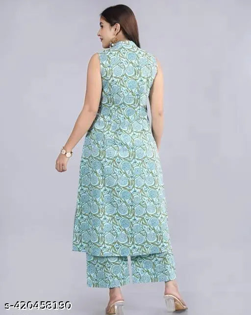 Rayon printed net kurta set for women, sleeveless with trousers, fashionable Adrika design