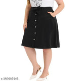 Black denim plus size A-line midi skirt, solid pattern, lightweight and breathable, suitable for all body types