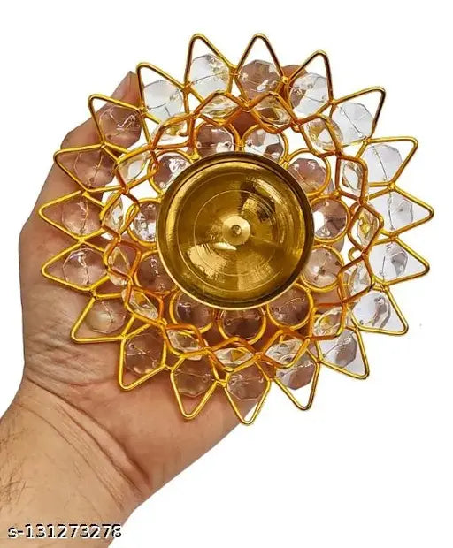 Brass round akhand lotus-kamal diya with diamond crystal deepak, decorative brass oil lamp for puja home decor