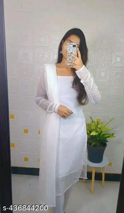 White Georgette Kurti with Dupatta, square neck, long sleeves - festive wear for Diwali, embroidered design, India origin