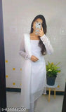 White Georgette Kurti with Dupatta, square neck, long sleeves - festive wear for Diwali, embroidered design, India origin