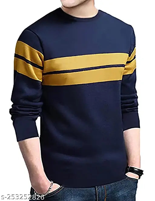 Navy blue cotton blend long sleeved round striped t-shirt for men by LEOTUDE, ideal casual wear for various occasions