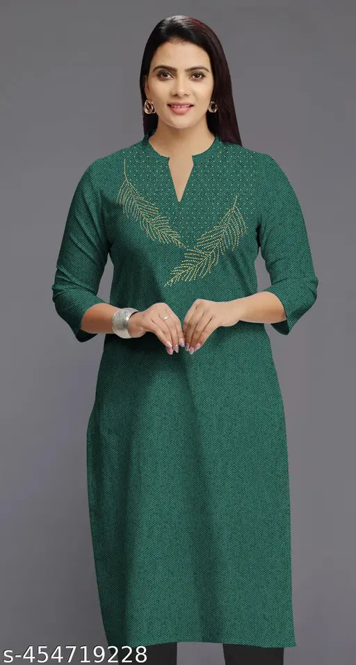 Green wool women's mandarin collar solid kurta with three-quarter sleeves, India origin