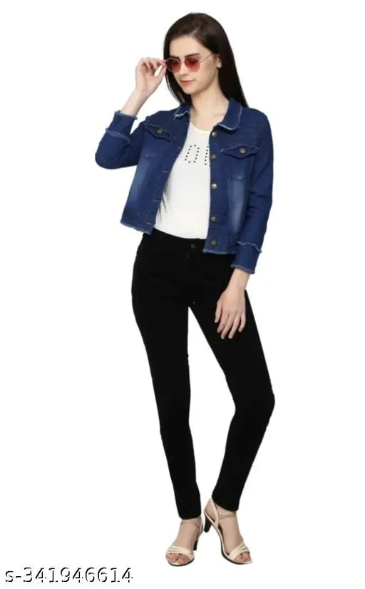 Denim, trendy classic women's jacket/waist coat in dark blue - adds unique charm to casual and party wear
