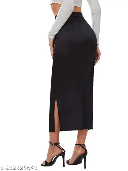 Solid polyester casual high-waist elastic skirts with side slits (32.5 inches approx), available in sizes 28-36