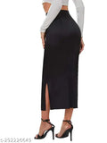 Solid polyester casual high-waist elastic skirts with side slits (32.5 inches approx), available in sizes 28-36
