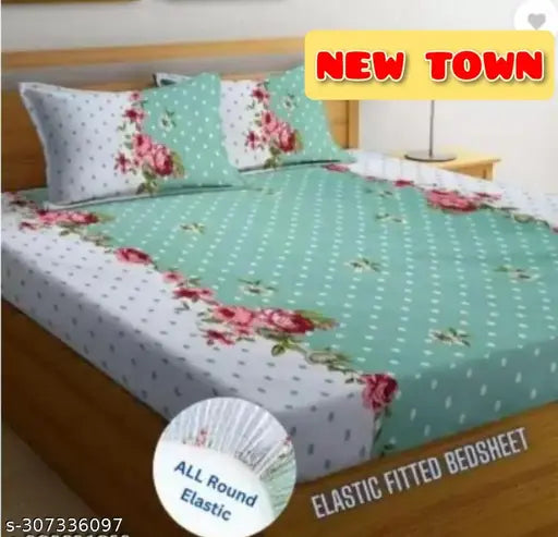 Glace cotton floral fitted bedsheet & 2 pillow covers (Pack of 1), supersoft shine for summer, queen size
