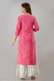 Pink cotton-rayon blend bandhej print straight kurta sharara for women, traditional Indian attire featuring three-quarter sleeves and printed net design