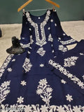 Chikankari embroidered rayon kurti & pants set, three-quarter sleeves, Indian traditional clothing for women