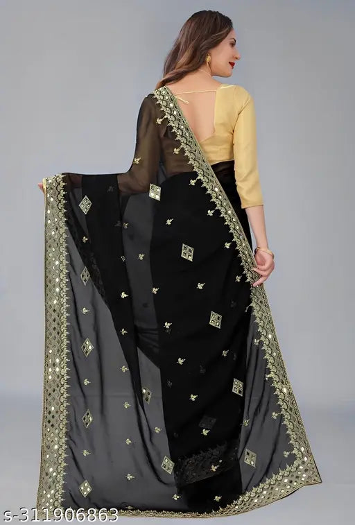 Heavy Kaju Design Georgette Mirror Embroidery Saree with Solid Silk Separate Blouse, Indian Bridal Wear