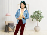 Denim fur jacket with lace, solid pattern, long sleeves for kids, 5-6 years or 6-7 years, Indian origin