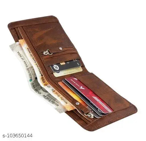 Brown PU artificial leather Tejaro Men casual wallet, 3 compartments, solid pattern, free size (6cm x 8cm), ideal gift for men, India-made