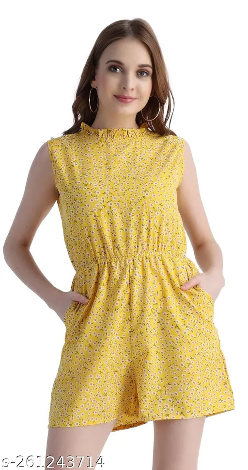 Yellow and Pink printed net Women and Girls short Jumpsuit with two side pockets, made of superfine crepe fabric, ideal for festive or special occasions