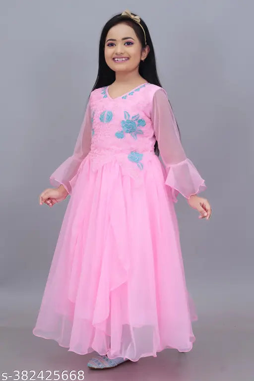 Indian embroidered net gown for girls, three-quarter sleeves, festive wear (sizes: 5-6yrs, 6-7yrs, etc.)