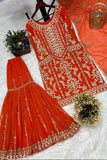 Georgette embroidered net kurta set with sharara and dupatta, vibrant Indian fashion