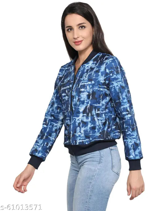 Women's full sleeve printed bomber jacket, poly cotton fleece, camouflage pattern, long sleeves, ribbed collar, front zipper, side pockets