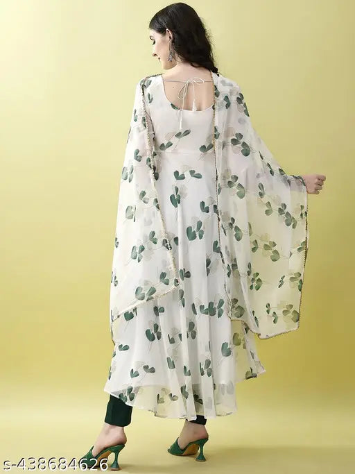 White Georgette Fit & Flared A-line Gown with Floral Print, suitable for Western casual Marriage and Office wear