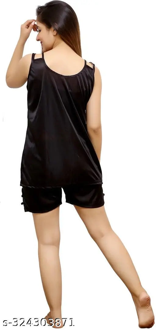 Black satin nightwear top & shirt set, solid color, sleeveless, Ansh Collection