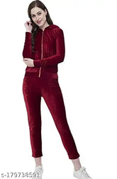 Women's velvet winter track suit set with long sleeves, top & bottom - made in India (Size M: Top bust 36in, length 32in; Bottom waist 14in, length 33in; Size L: Top bust 38in, length 34in; Bottom waist 14in, length 33in; Size XL: Top bust 40in, length 36in)
