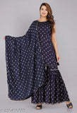 Navy Blue Rayon Sharara Set: Indian women's kurta, bottomwear with printed dupatta, single piece origin