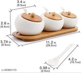 Glamorous white porcelain condiment jar set with bamboo lids & wooden tray, ideal for kitchen counter. (3pcs, 9.5cm breadth, 6.5cm height, 28.5cm length)