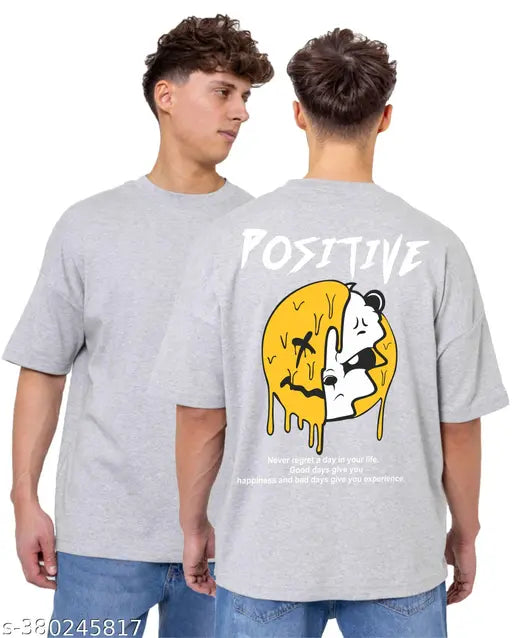 Grey cotton printed oversized half-sleeve men's t-shirt, VOSIMO brand, size L on model
