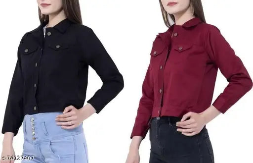 Black and maroon denim jacket, solid pattern, long sleeves, S-XL sizes available on wardrobe display