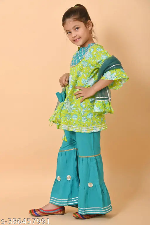 Floral print cotton kurta anarkali set with sharara bottom & dupatta, three-quarter sleeves, vibrant Indian traditional wear for kids ages 2-10 years