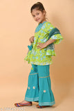 Floral print cotton kurta anarkali set with sharara bottom & dupatta, three-quarter sleeves, vibrant Indian traditional wear for kids ages 2-10 years