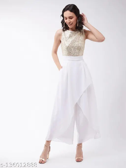 White polyester solid round neck jumpsuit with zip closure, 2 side pockets, and sleeveless design by Miss Chase