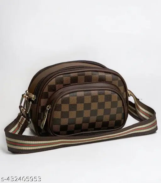 Voguish PU checkered net slingbag, 3 compartments, free size (9x4x4in) - stylish women's bag for everyday use