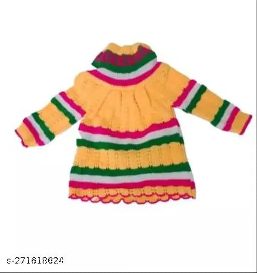 Warmest wool winter sweater frock for girls with self-design pattern, long sleeves, and soft elastic. Comfortable and breathable for kids' skin, available in sizes from 3-6 months to 0-1 years. Made in India