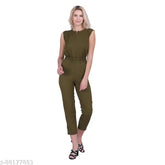 Sleeveless crepe jumpsuit, modern women's style, solid net, size S (34in bust, 48in length, 28in waist), made in India