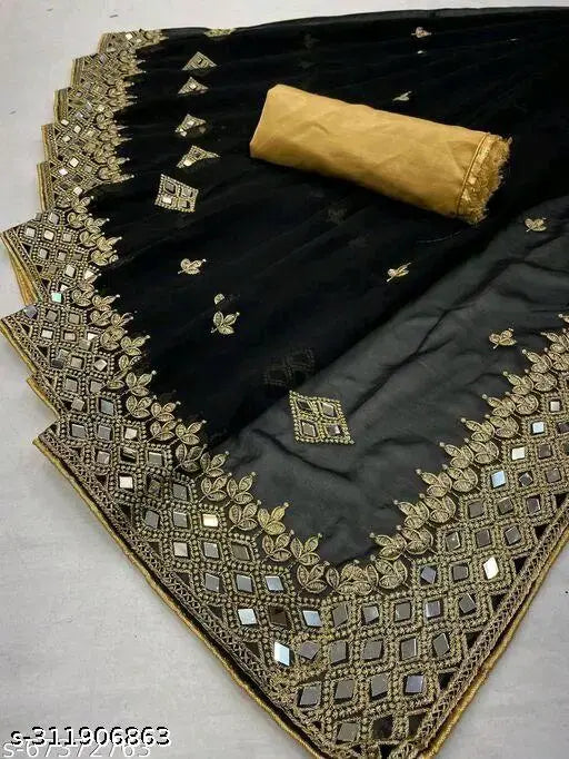 Georgette mirror-embroidered saree with solid silk blouse, Indian embroidery work by Kraddle