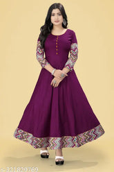 Wine-colored rayon Anarkali Kurti with three-quarter sleeves, breathable and comfortable dress for all occasions