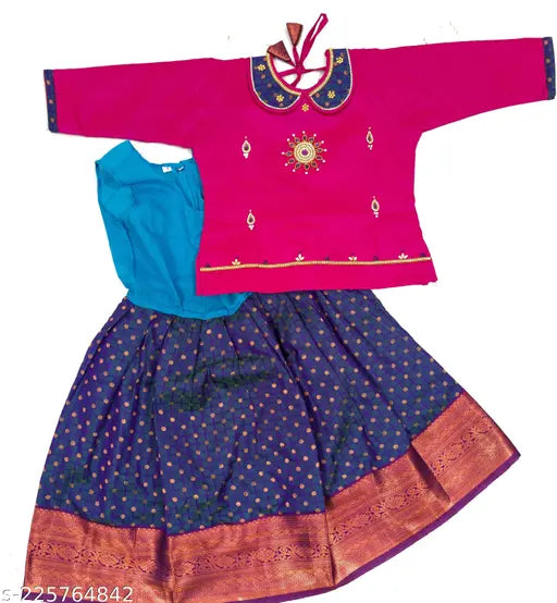 Silk and art silk traditional kids' pattu pavadai lehenga set, three-quarter sleeves, woven design top, zari stitch bottom, heavy stonework, India origin