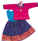 Silk and art silk traditional kids' pattu pavadai lehenga set, three-quarter sleeves, woven design top, zari stitch bottom, heavy stonework, India origin