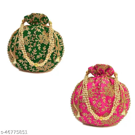 Embroidered net Potli Pack of 2, green and pink fabric bags from India