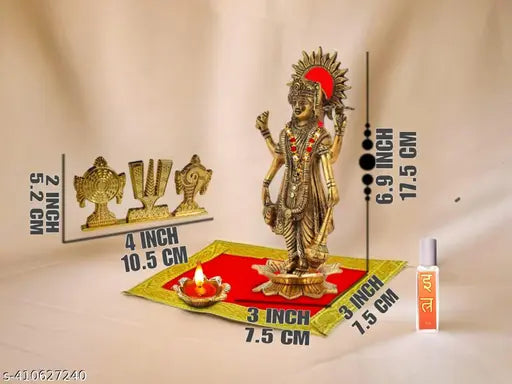 Golden, premium aluminum Chaturbahu Vishnu figurine with Diya oil lamp, Moti Mala, and red velvet Puja Aasan on lotus flower motif